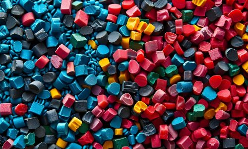 Colorful plastic pellets for recycling promoting reuse and separate waste collection in plastic manufacturing. Concept Plastic Pellet Recycling, Reuse Initiative, Waste Collection